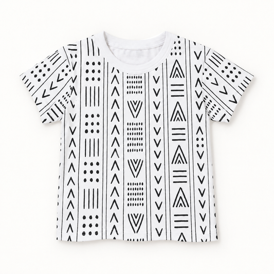 Modern Burlap Mud Cloth print organic baby and kids tee, full front view on a warm-white background.