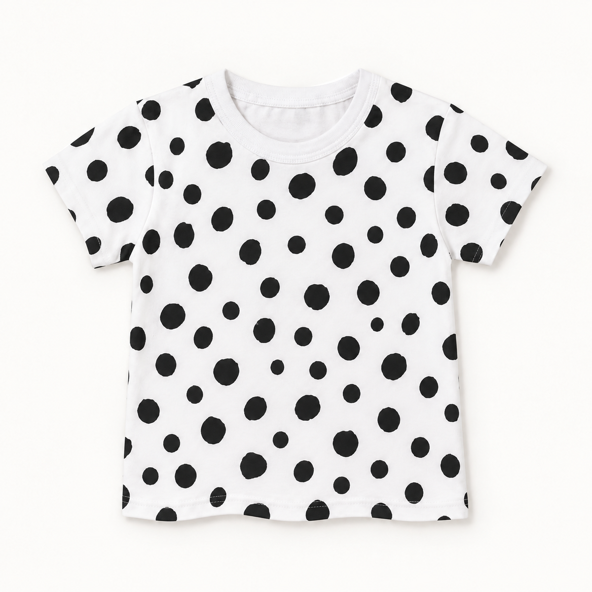 Modern Burlap Spots print organic baby and kids tee, full front view on a warm-white background.