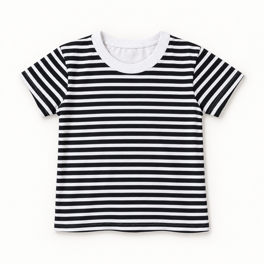 Modern Burlap Stripes print organic baby and kids tee, full front view on a warm-white background.