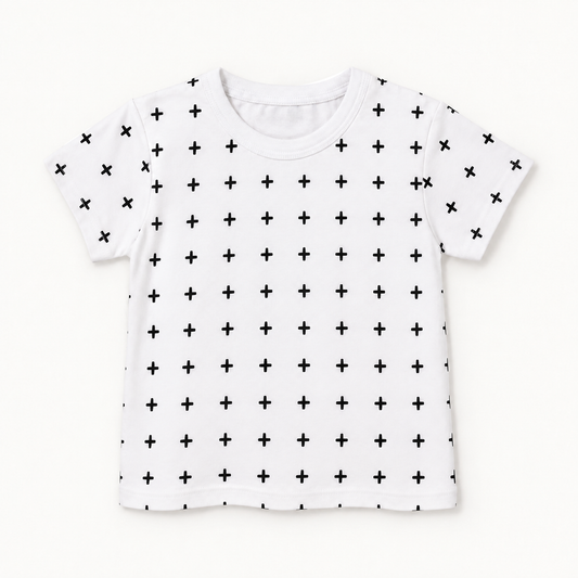 Modern Burlap Swiss Cross print organic baby and kids tee, full front view on a warm-white background.