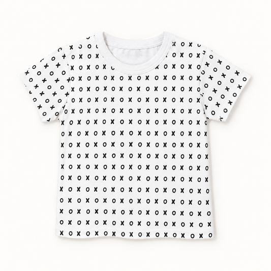 Modern Burlap XO print organic baby and kids tee, full front view on a warm-white background.