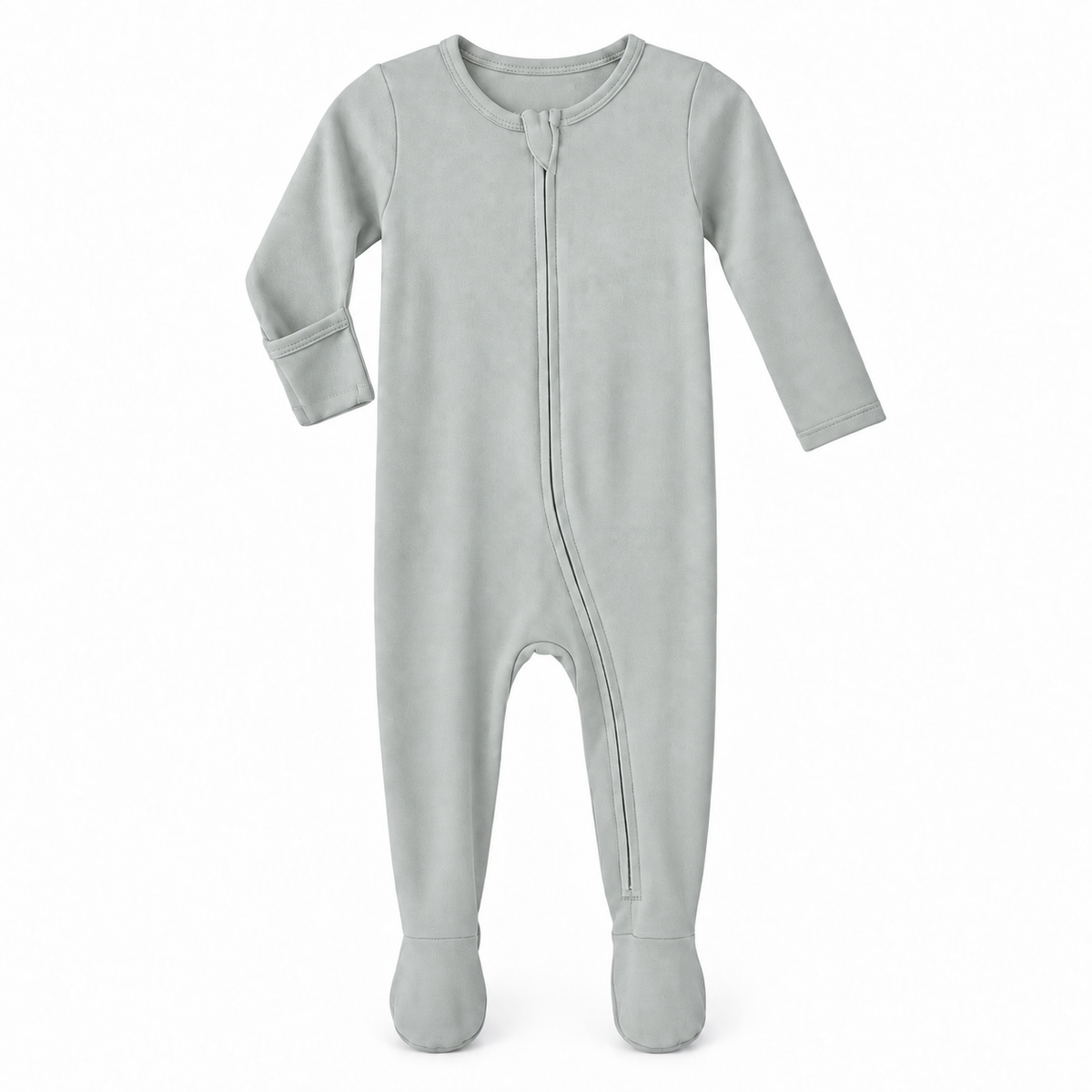 Silver organic zip footie on white, with one sleeve turned to show the underside fold-over hand cover.