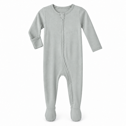 Silver organic zip footie on white, with one sleeve turned to show the underside fold-over hand cover.