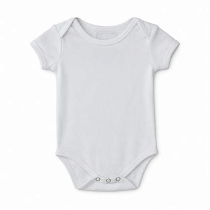 Organic Baby Short Sleeve Bodysuit in White, front studio product photograph on white.