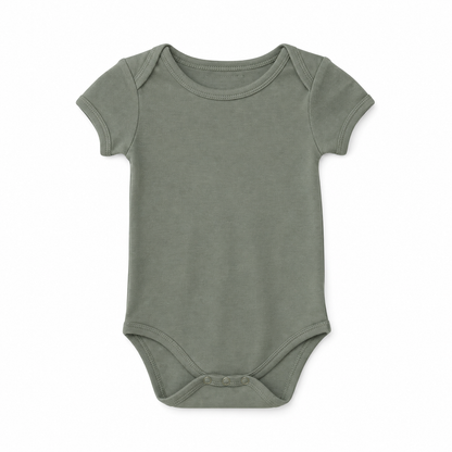 Organic Baby Short Sleeve Bodysuit in Neutral Gray, front studio product photograph on white.