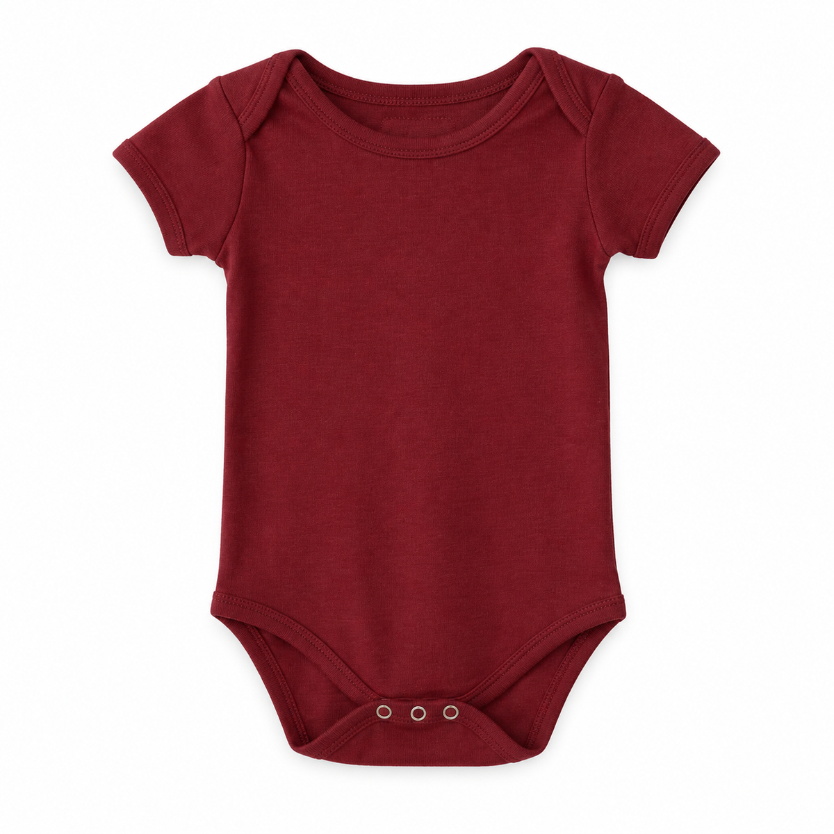 Organic Baby Short Sleeve Bodysuit in Maroon, front studio product photograph on white.