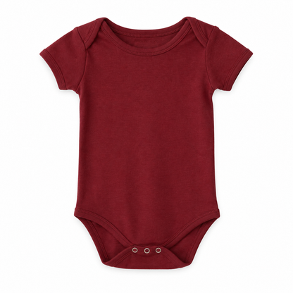 Organic Baby Short Sleeve Bodysuit in Maroon, front studio product photograph on white.