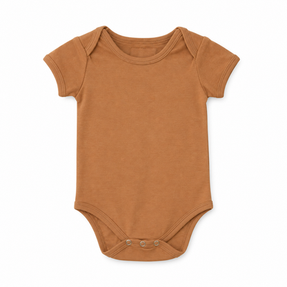 Organic Baby Short Sleeve Bodysuit in Ginger, front studio product photograph on white.