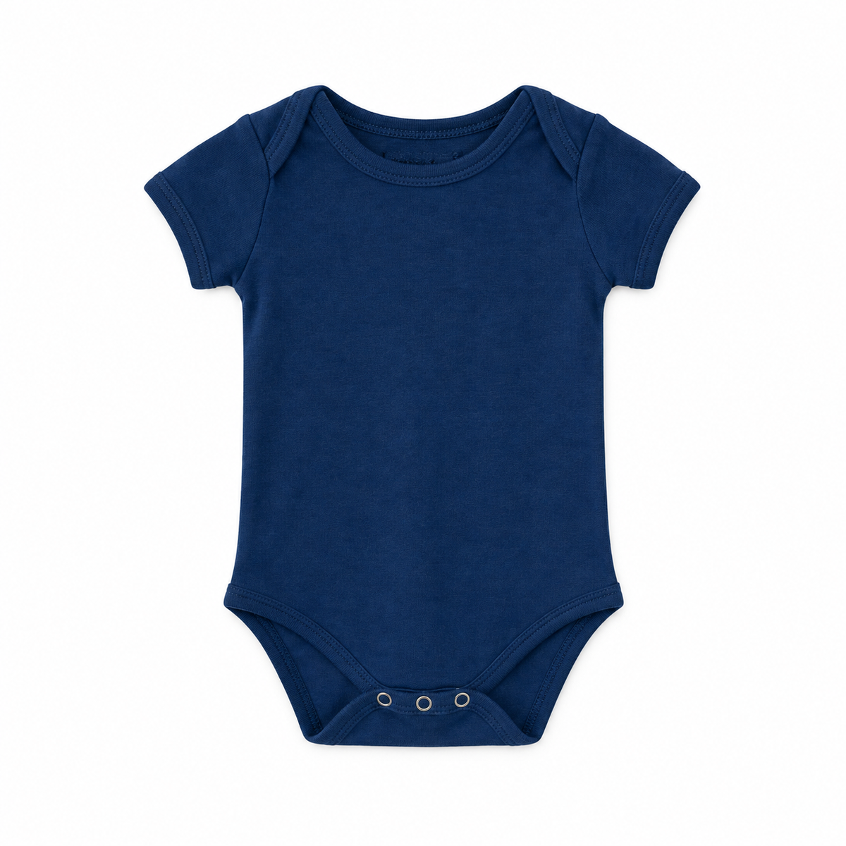 Organic Baby Short Sleeve Bodysuit in Navy Peony, front studio product photograph on white.