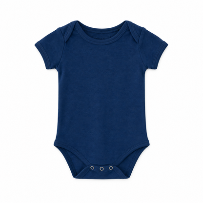 Organic Baby Short Sleeve Bodysuit in Navy Peony, front studio product photograph on white.