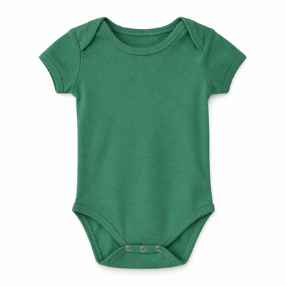 Organic Baby Short Sleeve Bodysuit in Pine Green, front studio product photograph on white.
