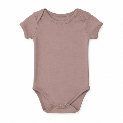 Organic Baby Short Sleeve Bodysuit in Mauve, front studio product photograph on white.
