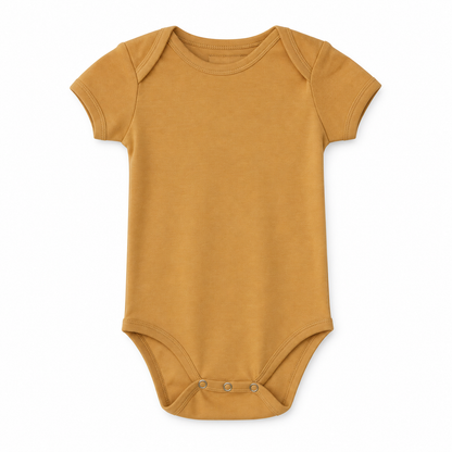Organic Baby Short Sleeve Bodysuit in Honey, front studio product photograph on white.