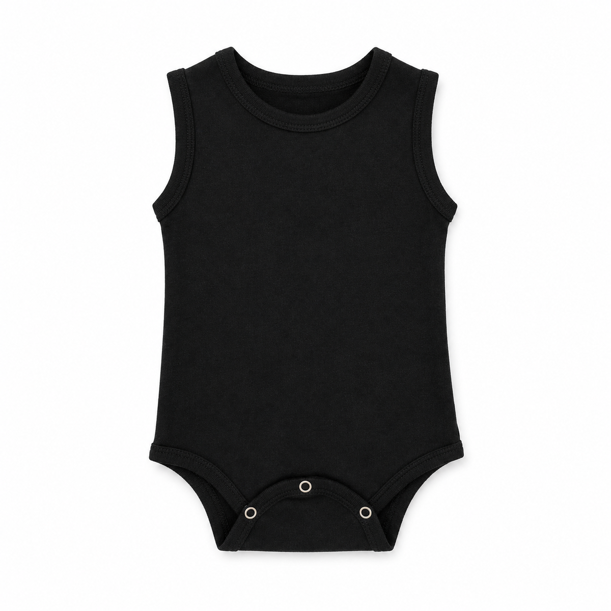Organic Baby Tank Bodysuit in Black, front studio product photograph on white.