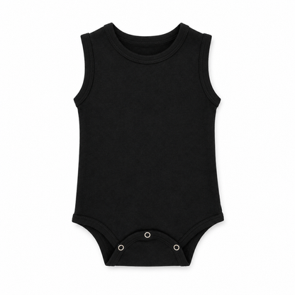 Organic Baby Tank Bodysuit in Black, front studio product photograph on white.