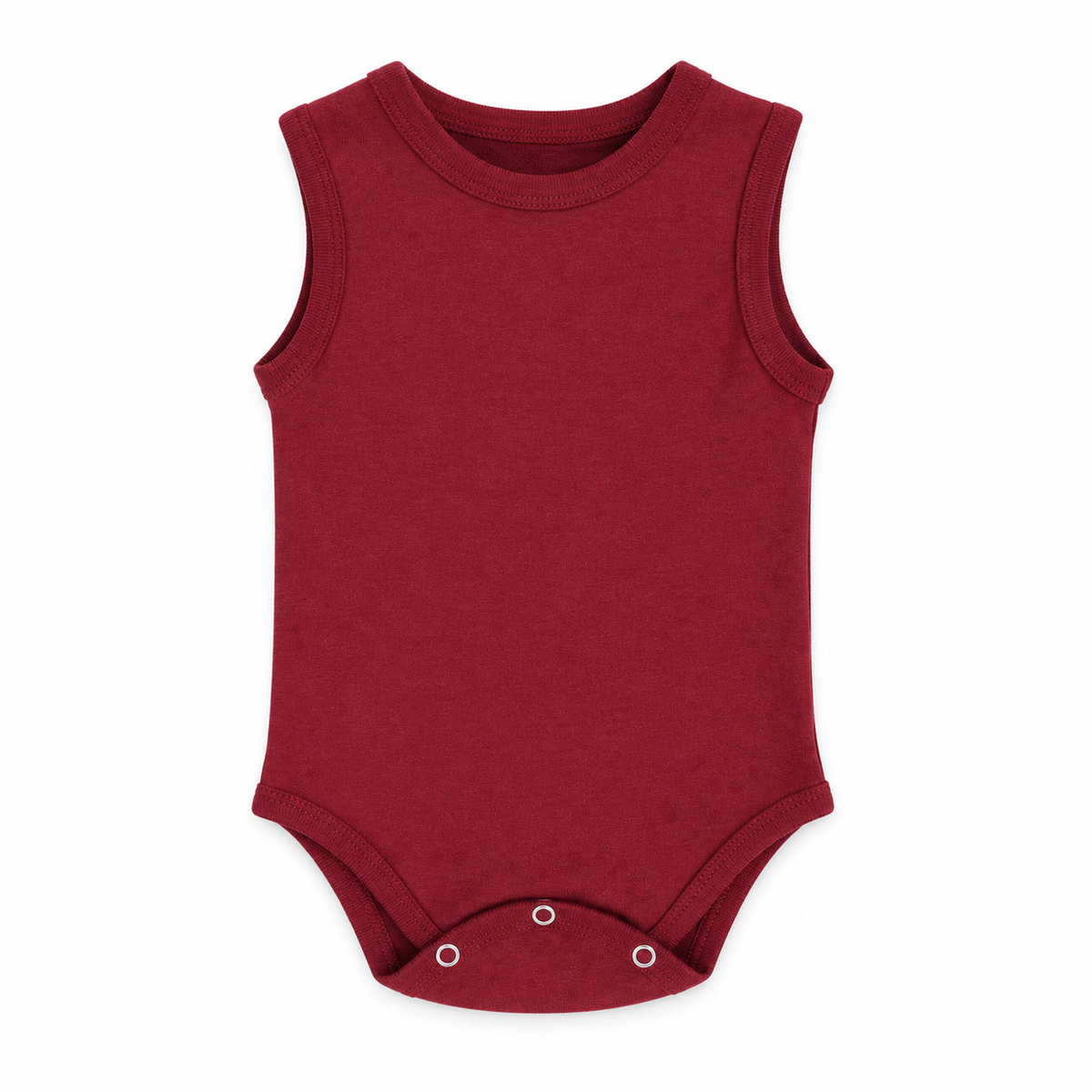 Organic Baby Tank Bodysuit in Maroon, front studio product photograph on white.
