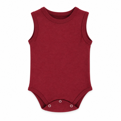 Organic Baby Tank Bodysuit in Maroon, front studio product photograph on white.
