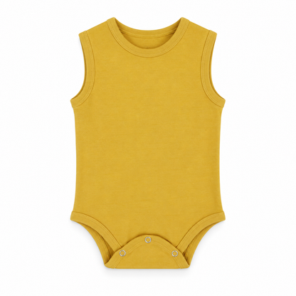 Organic Baby Tank Bodysuit in Mustard, front studio product photograph on white.
