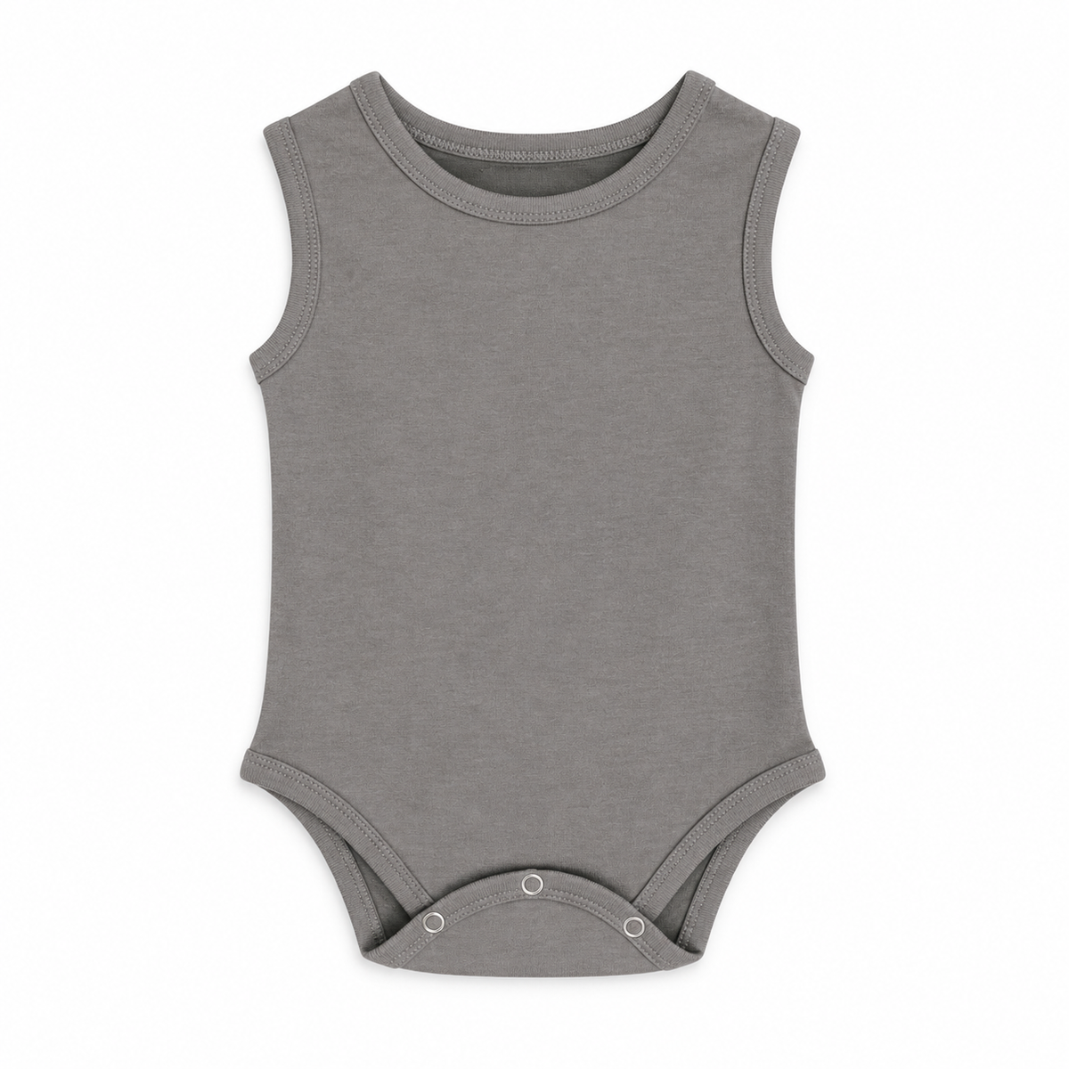 Organic Baby Tank Bodysuit in Neutral Gray, front studio product photograph on white.