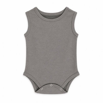 Organic Baby Tank Bodysuit in Neutral Gray, front studio product photograph on white.