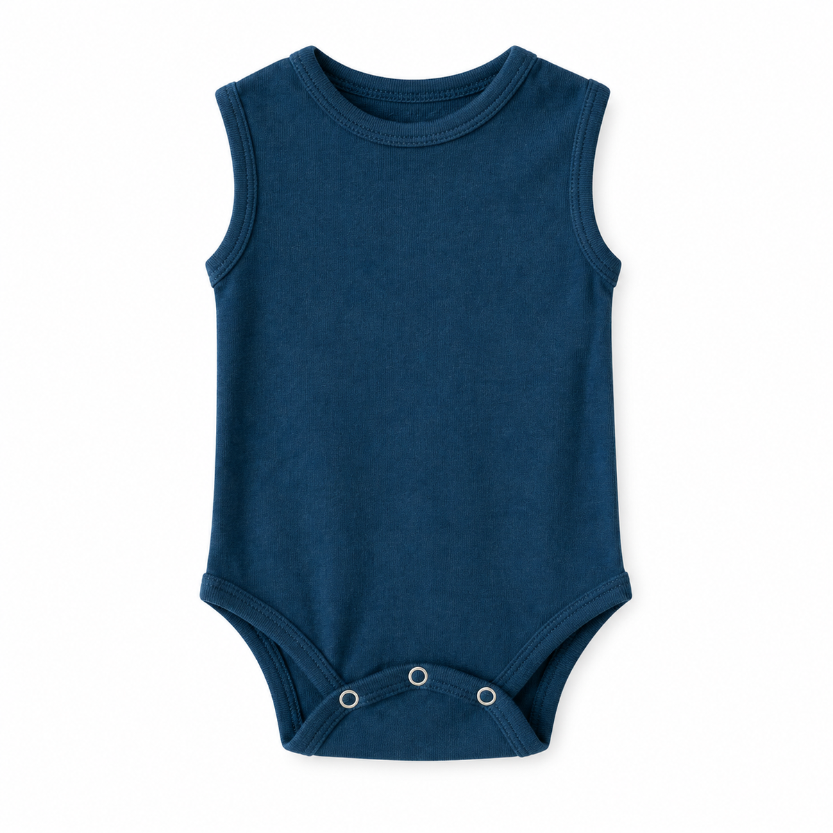 Organic Baby Tank Bodysuit in Sailor Blue, front studio product photograph on white.