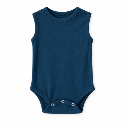 Organic Baby Tank Bodysuit in Sailor Blue, front studio product photograph on white.