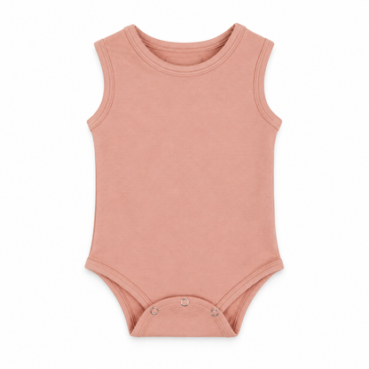 Organic Baby Tank Bodysuit in Blooming Dahlia, front studio product photograph on white.