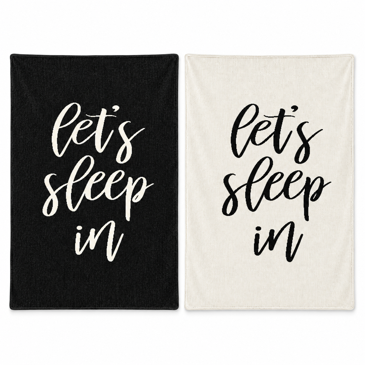 Let's Sleep In blankets in Black and Natural, shown together on white.