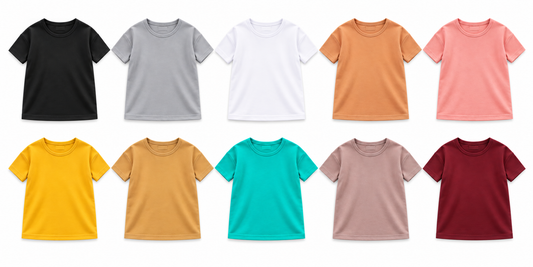 Modern Burlap organic slouch dresses in all ten solid colors: Black, Neutral Gray, White, Ginger, Blooming Dahlia, Mustard, Honey, Arcadia, Mauve and Maroon. AI-styled group flat lay.