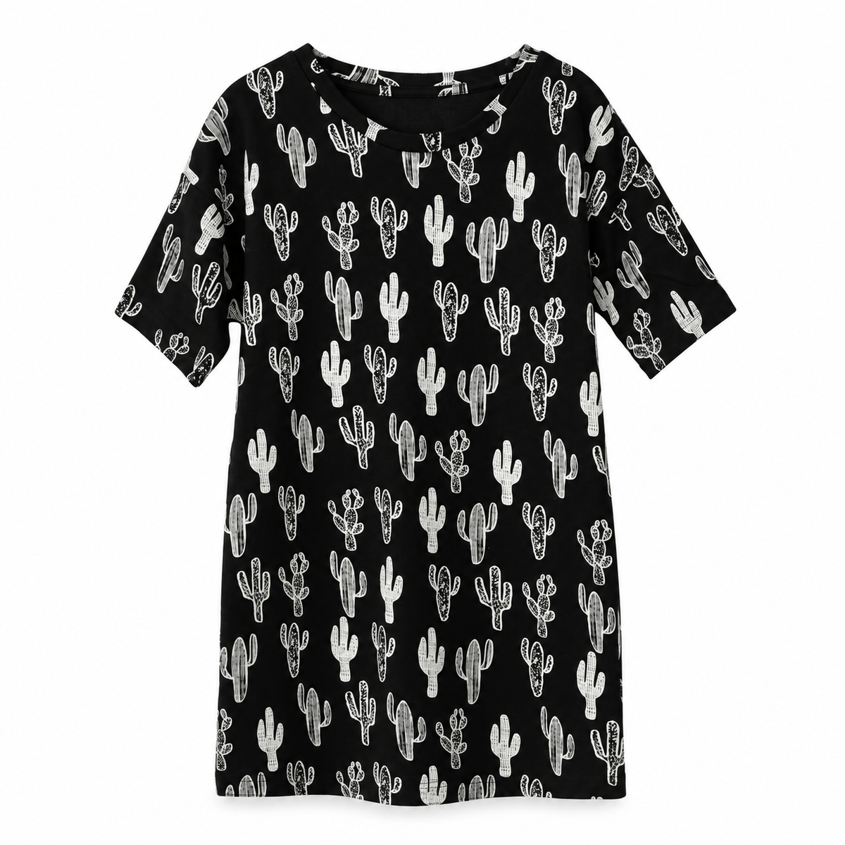 White on Black Cactus organic kids slouch dress, front view on white.
