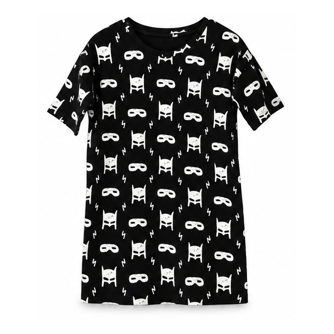 White on Black Hero Struck organic kids slouch dress, front view on white.