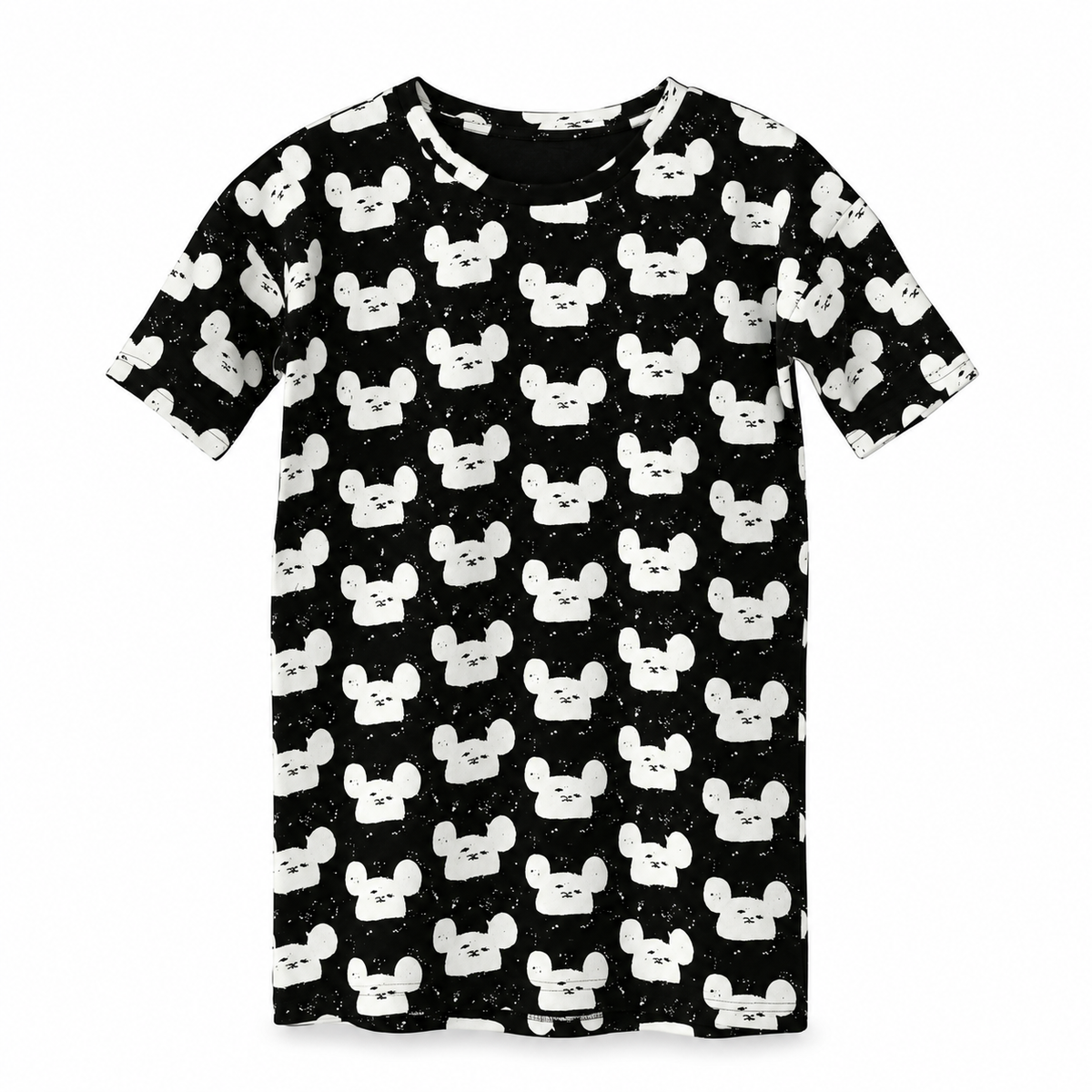 White on Black Modern Mouse organic kids slouch dress, front view on white.