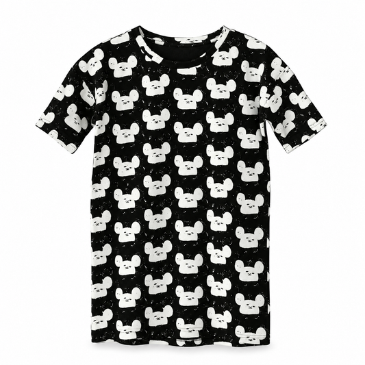 White on Black Modern Mouse organic kids slouch dress, front view on white.