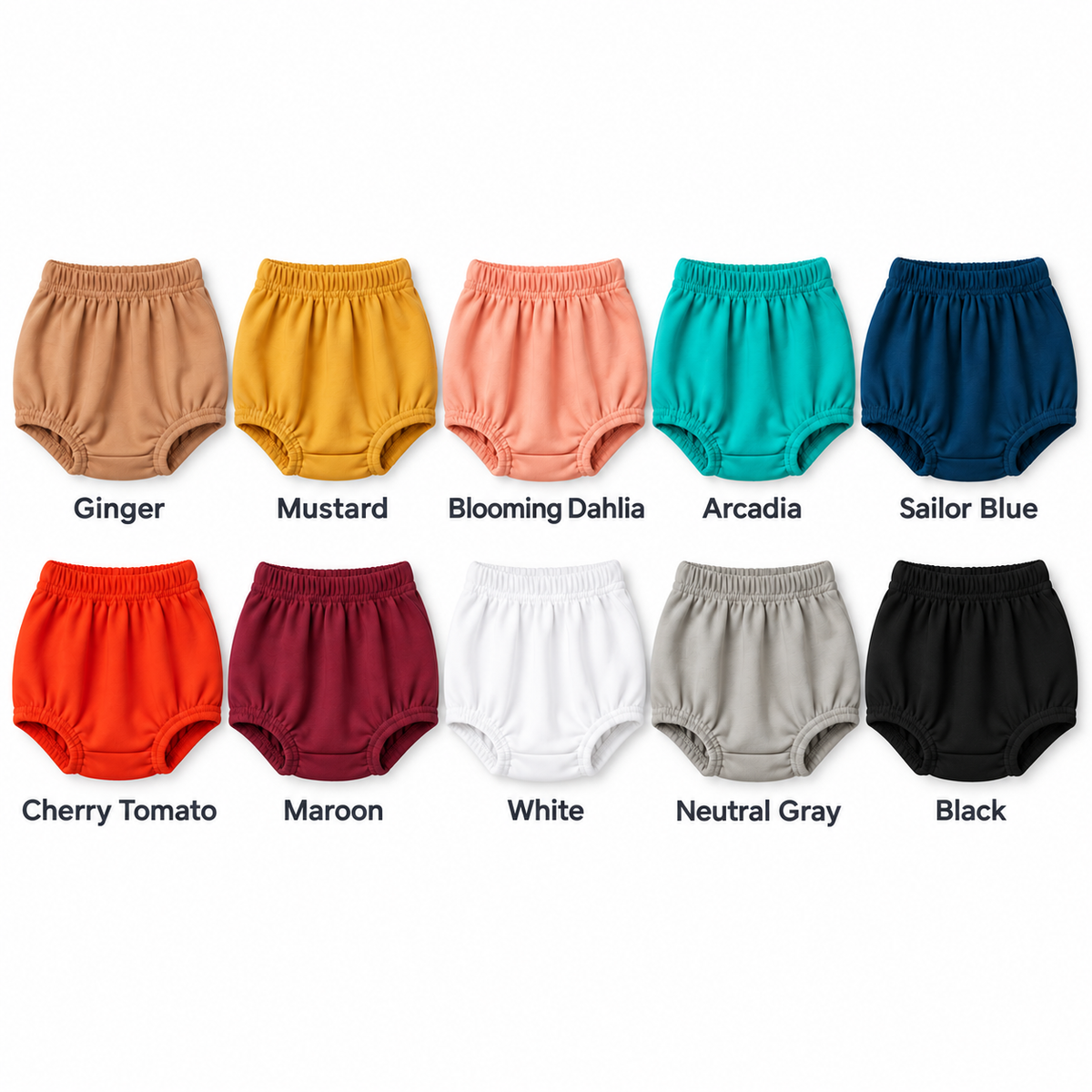Ten labeled organic baby bloomer colors