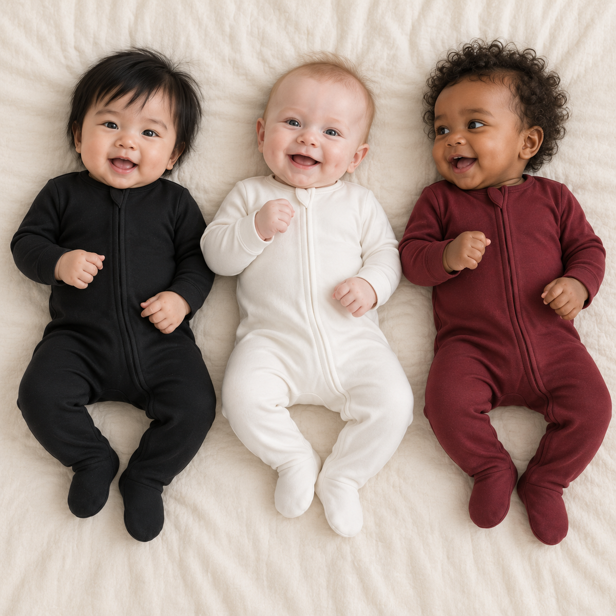 Three babies wearing Black, White and Maroon organic zip footies.