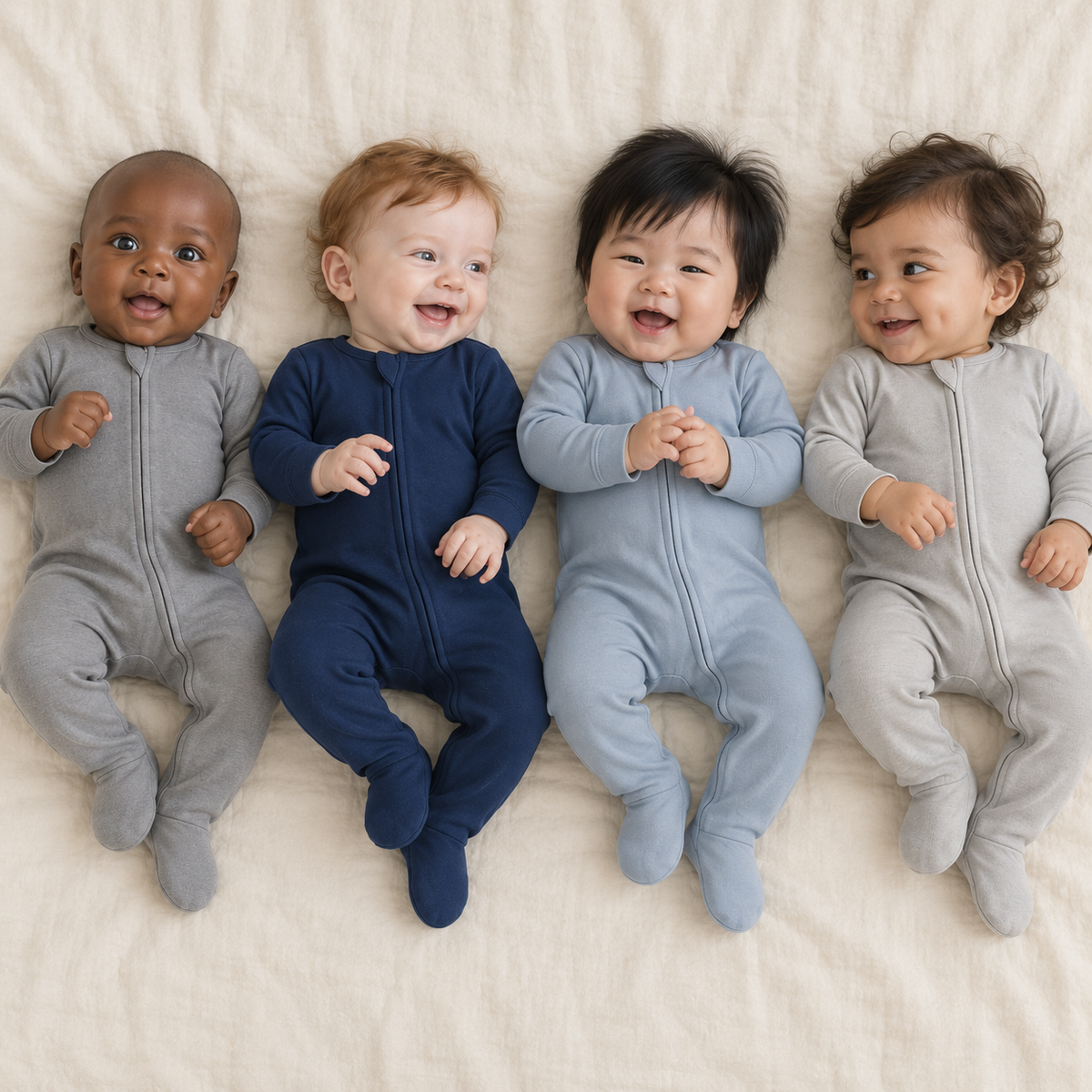 Four babies wearing Neutral Gray, Navy Peony, Tradewinds and Silver organic zip footies.