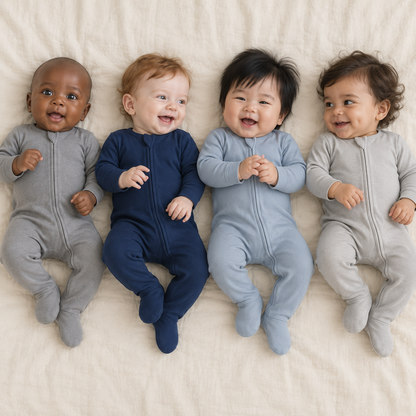 Four babies wearing Neutral Gray, Navy Peony, Tradewinds and Silver organic zip footies.