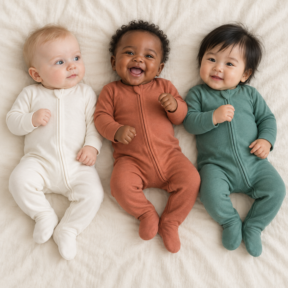 Three babies wearing Eggnog, Aragon and Pine Green organic zip footies on ivory.