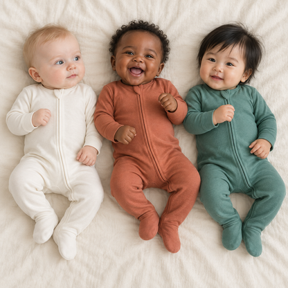 Three babies wearing Eggnog, Aragon and Pine Green organic zip footies on ivory.