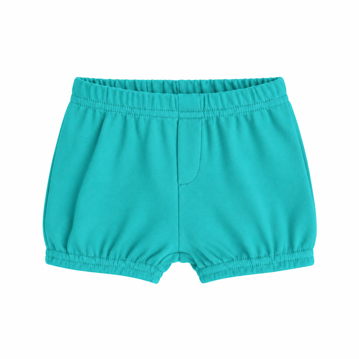 Modern Burlap organic baby and toddler shorts in Arcadia, front studio view with faux fly and gathered hems on white