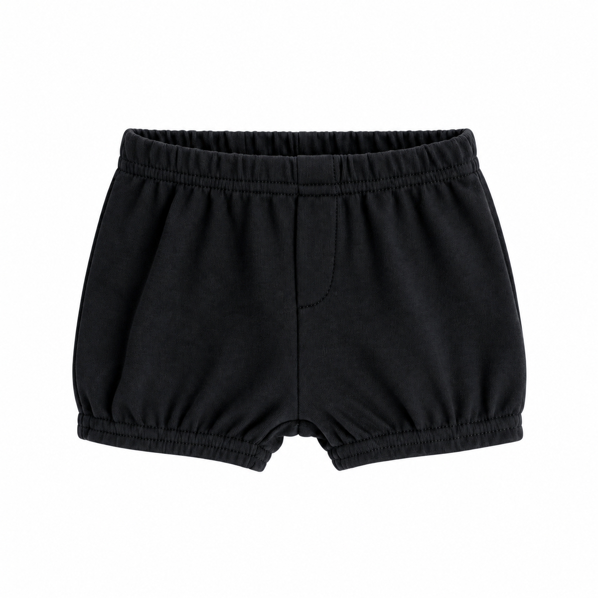 Modern Burlap organic baby and toddler shorts in Black, front studio view with faux fly and gathered hems on white