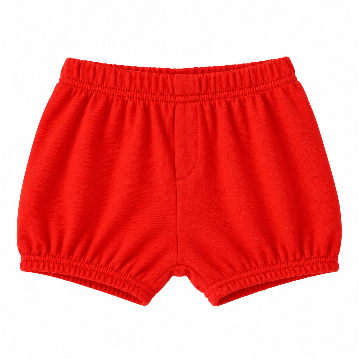 Modern Burlap organic baby and toddler shorts in Cherry Tomato, front studio view with faux fly and gathered hems on white