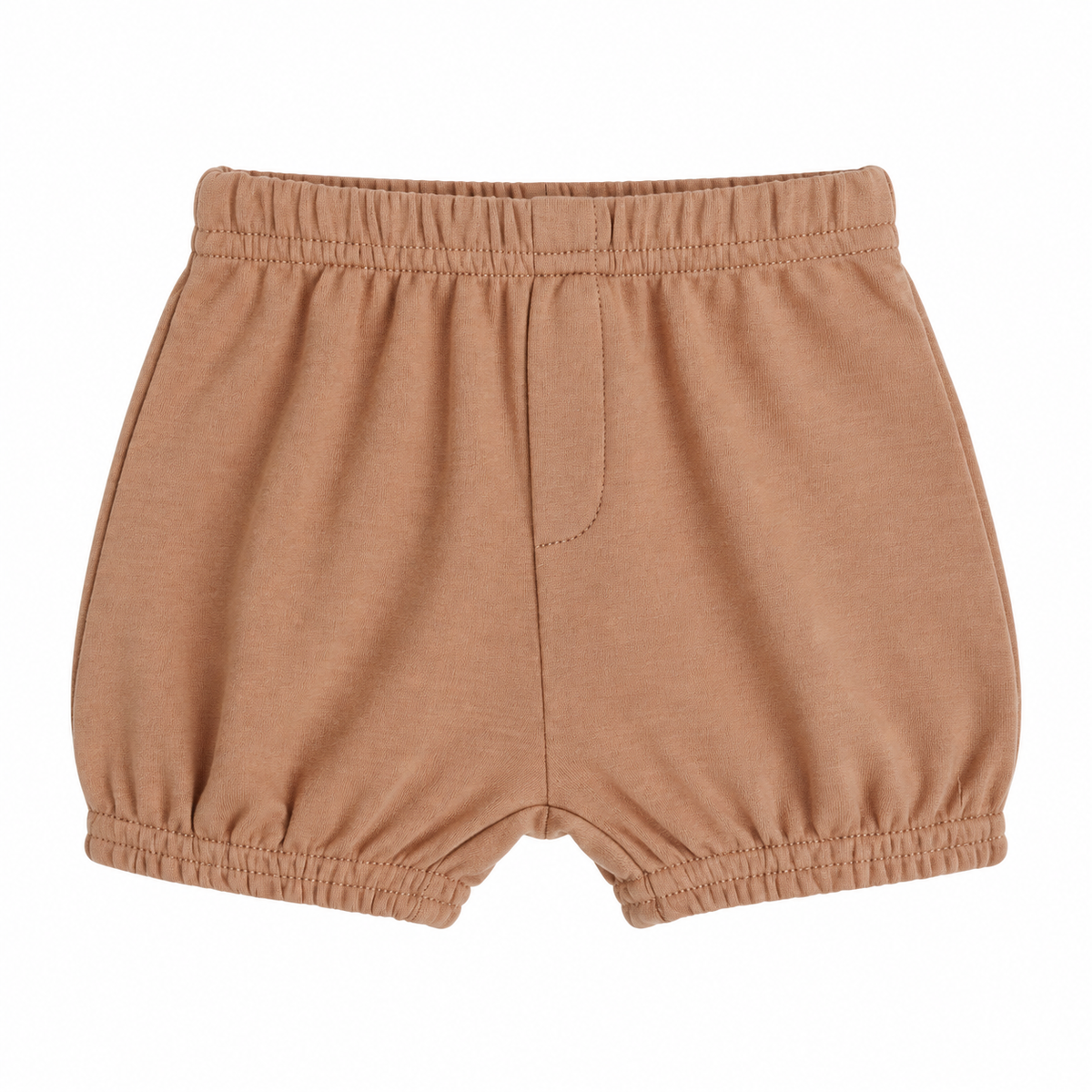 Modern Burlap organic baby and toddler shorts in Ginger, front studio view with faux fly and gathered hems on white