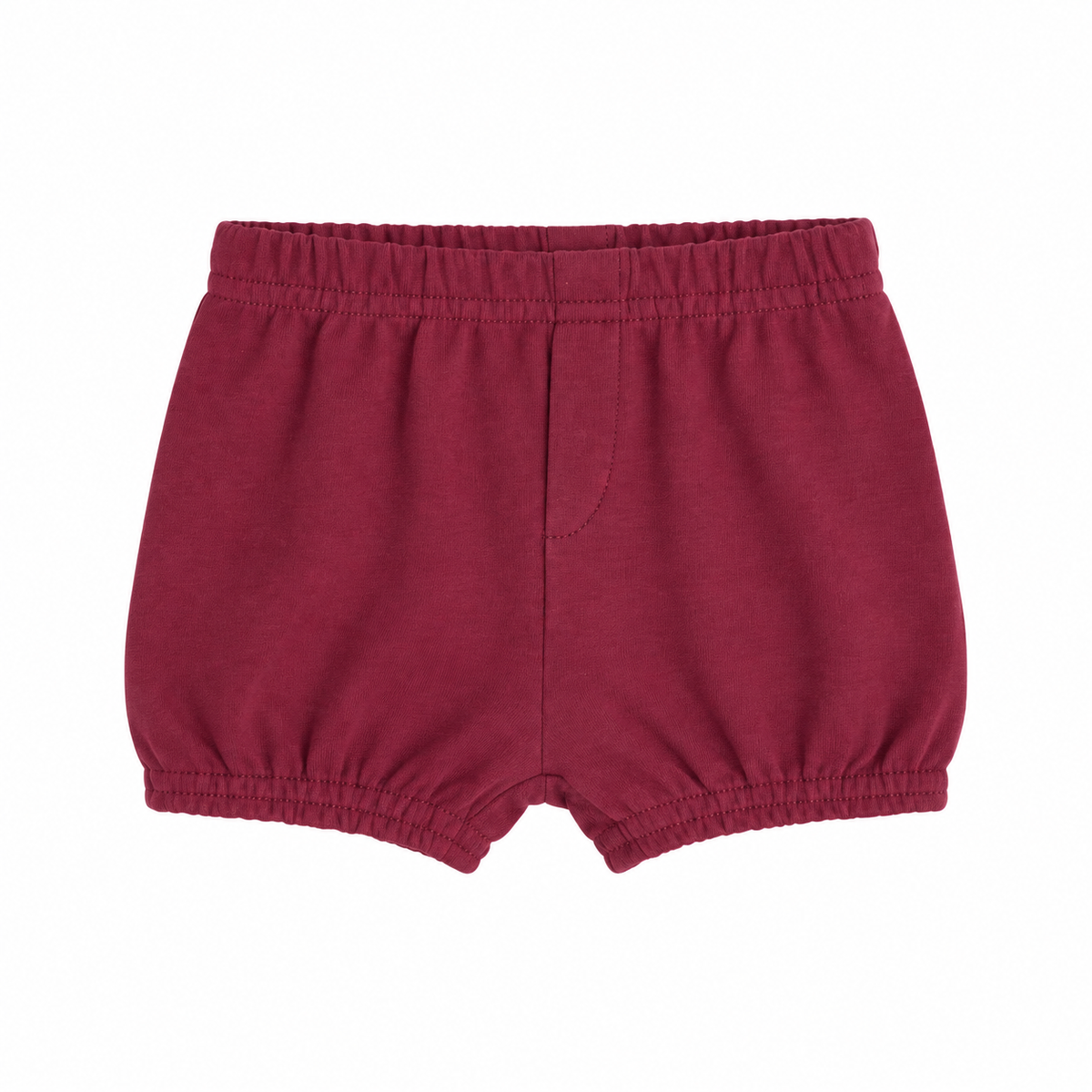 Modern Burlap organic baby and toddler shorts in Maroon, front studio view with faux fly and gathered hems on white