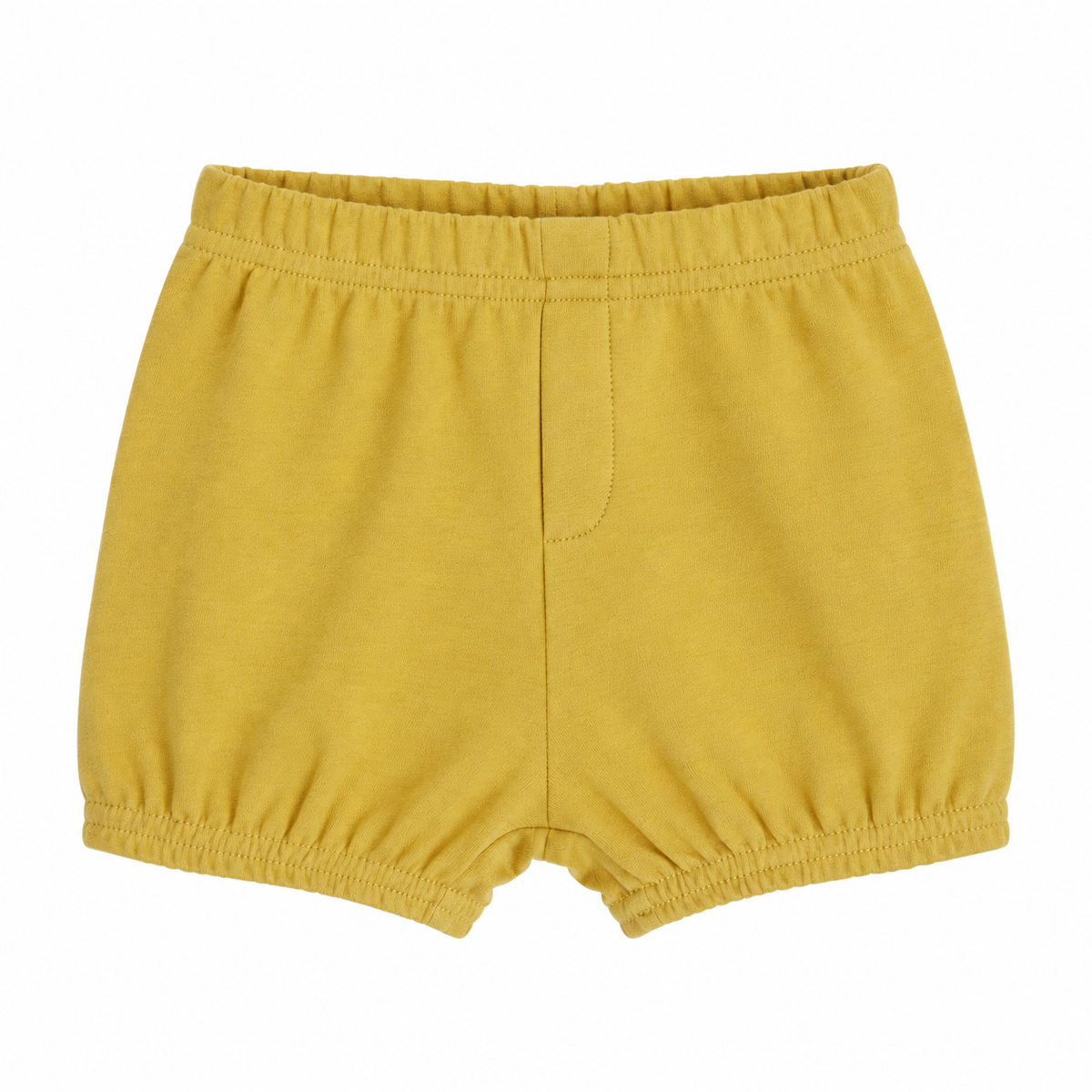 Modern Burlap organic baby and toddler shorts in Mustard, front studio view with faux fly and gathered hems on white