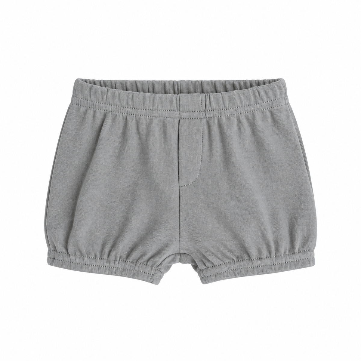 Modern Burlap organic baby and toddler shorts in Neutral Gray, front studio view with faux fly and gathered hems on white