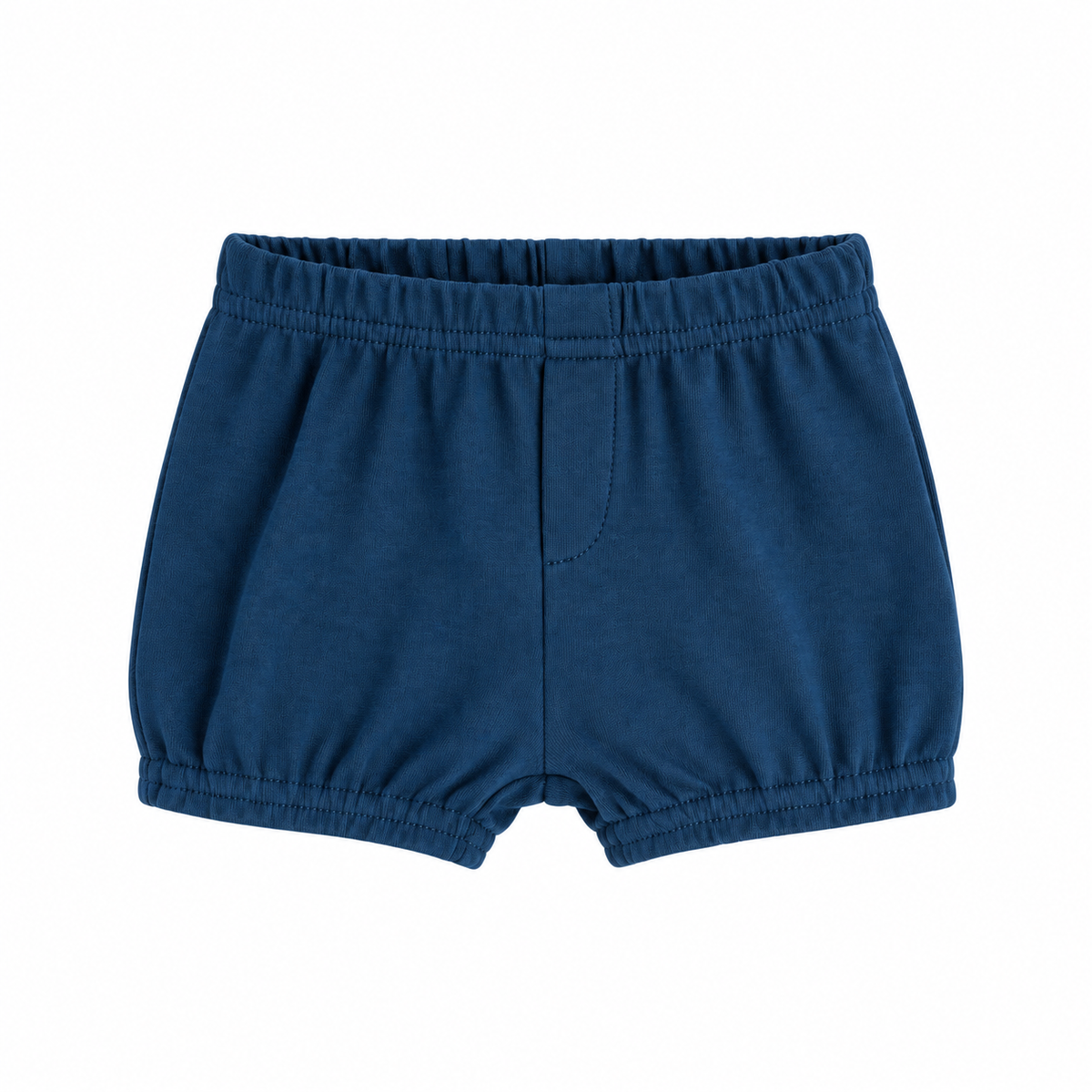 Modern Burlap organic baby and toddler shorts in Sailor Blue, front studio view with faux fly and gathered hems on white