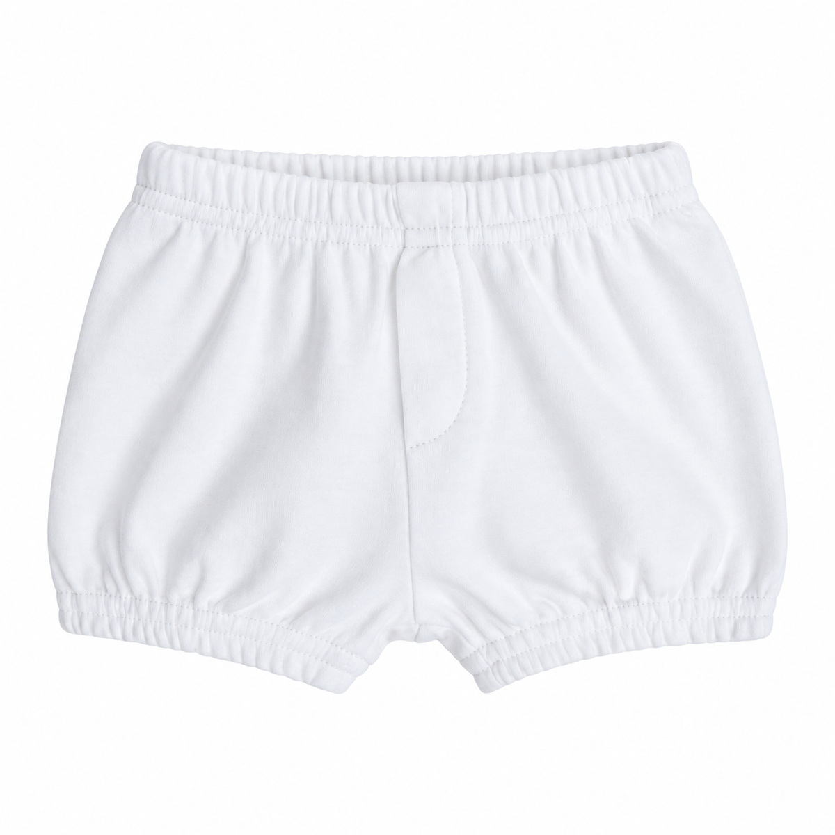 Modern Burlap organic baby and toddler shorts in White, front studio view with faux fly and gathered hems on white