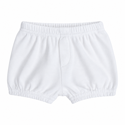 Modern Burlap organic baby and toddler shorts in White, front studio view with faux fly and gathered hems on white