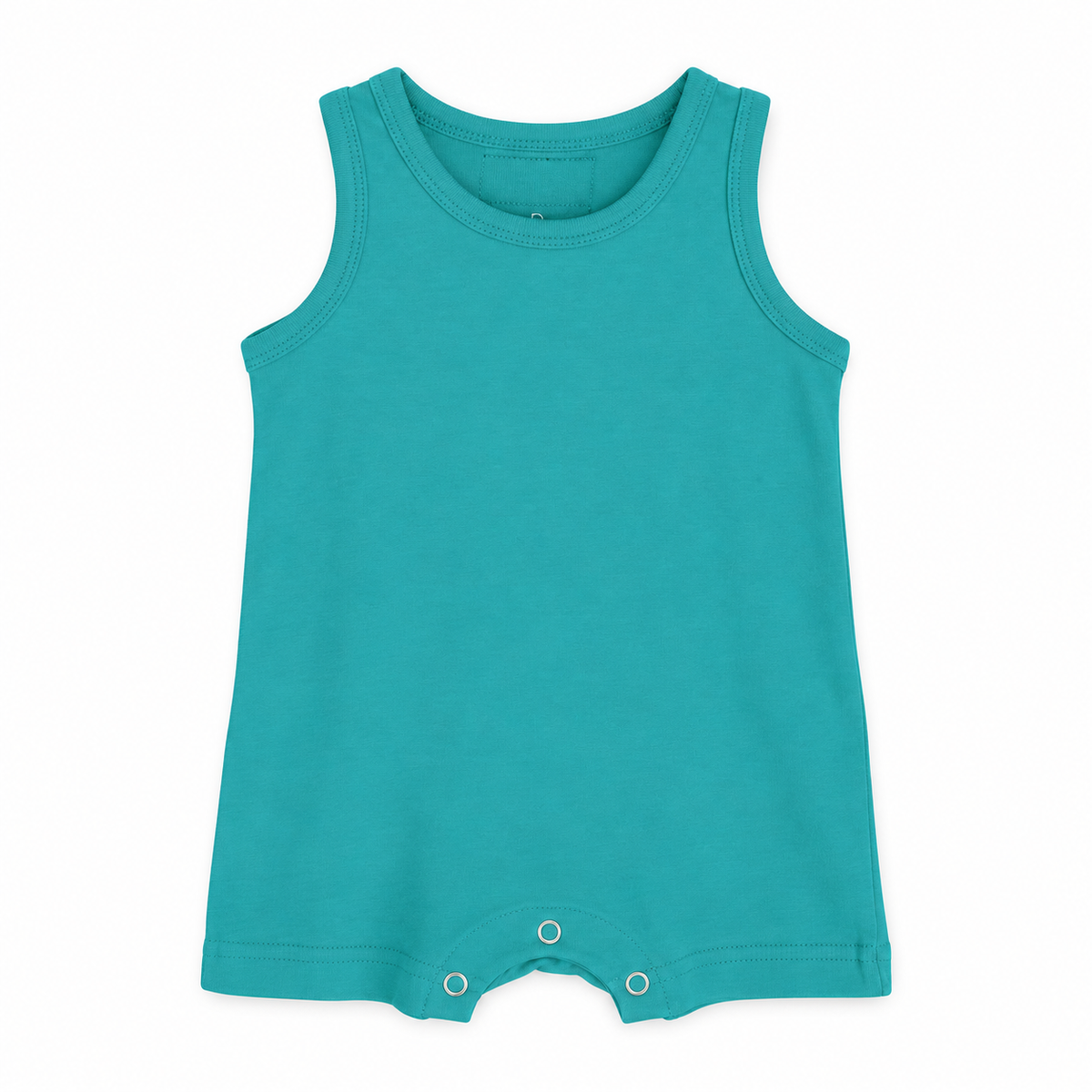 Modern Burlap organic baby tank romper in Arcadia, full front studio view without hanger